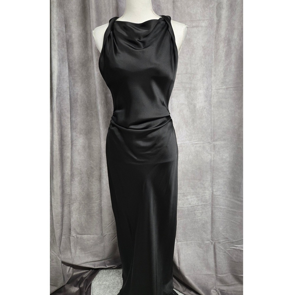 Zara Satin High Neck Ruched Maxi Dress Sleeveless‎ Formal Evening Black Size S - Picture 2 of 11